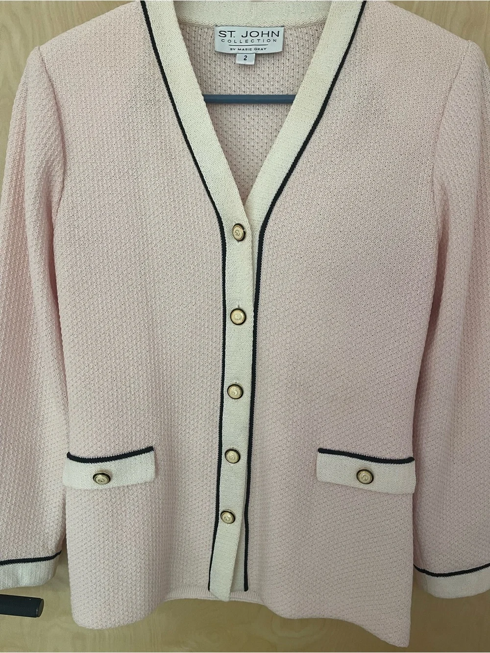 Vintage St. John Blush Pink Knit Cardigan with Cream Trim and Black Piping